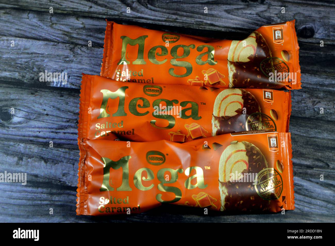Cairo, Egypt, July 15 2023 Nestle Mega Salted Caramel ice cream stick
