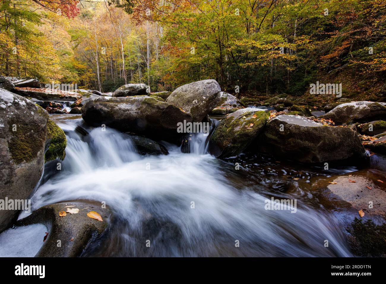 Water rushes through a rock garden along the Middle Prong Little River in the Tremont area. Stock Photo