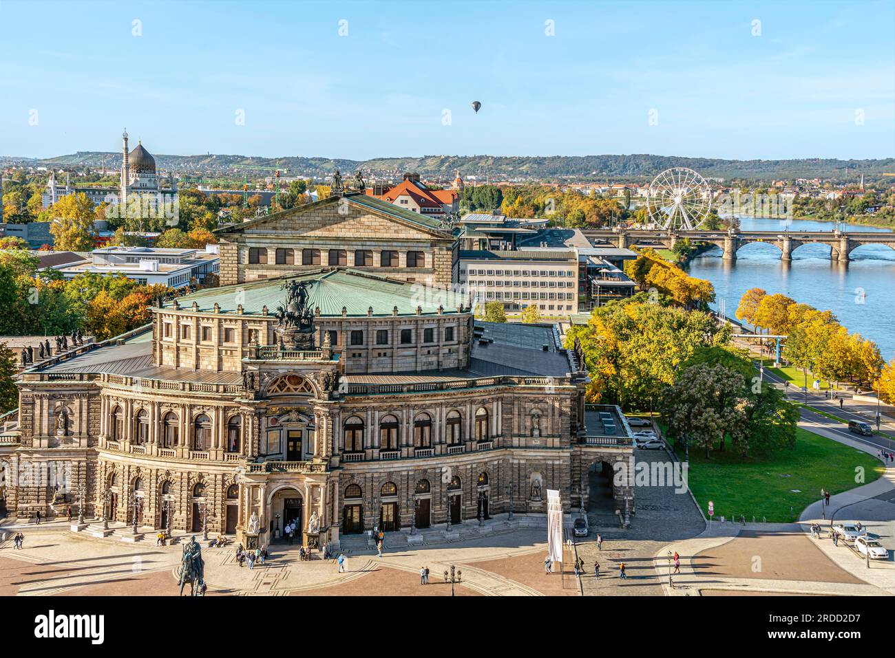 Elevated view at the Semper Opera an the Elbe River in the old town of Dresden, Saxony, Germany Stock Photo