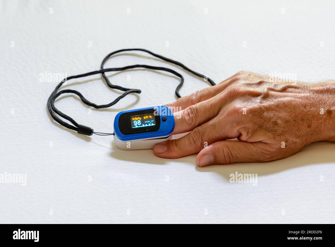Human hand and finger pulse oximeter with normal readout on a white