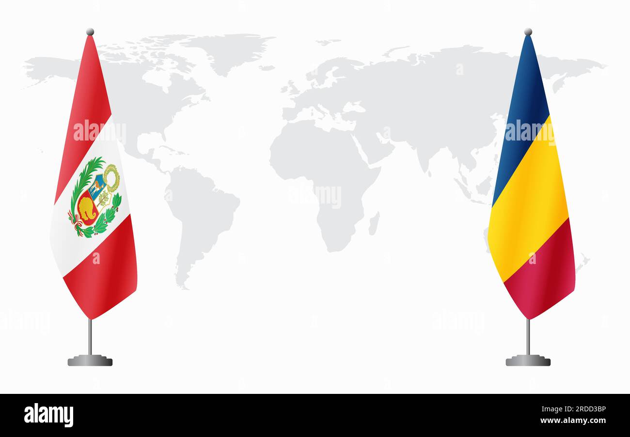 Peru and Chad flags for official meeting against background of world map. Stock Vector