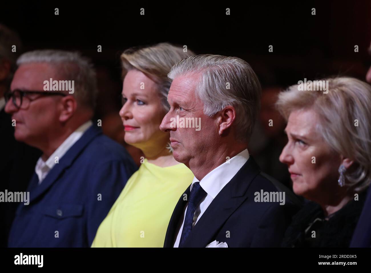 Belgian Prince Laurent (L) is pictured with Princess Claire (R) and her  daughter Princess Louise on the podium during the military parade on the  occasion of Belgium?s National Day in Brussels, Belgium