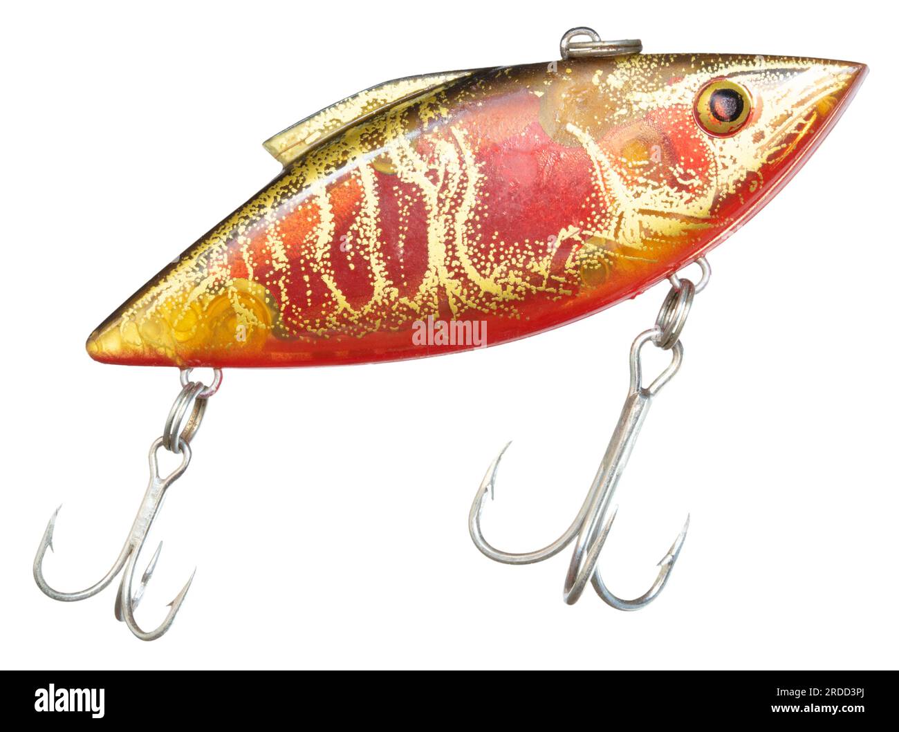 Two treble hooks on a fishing lure that is bright red and gold colored ...