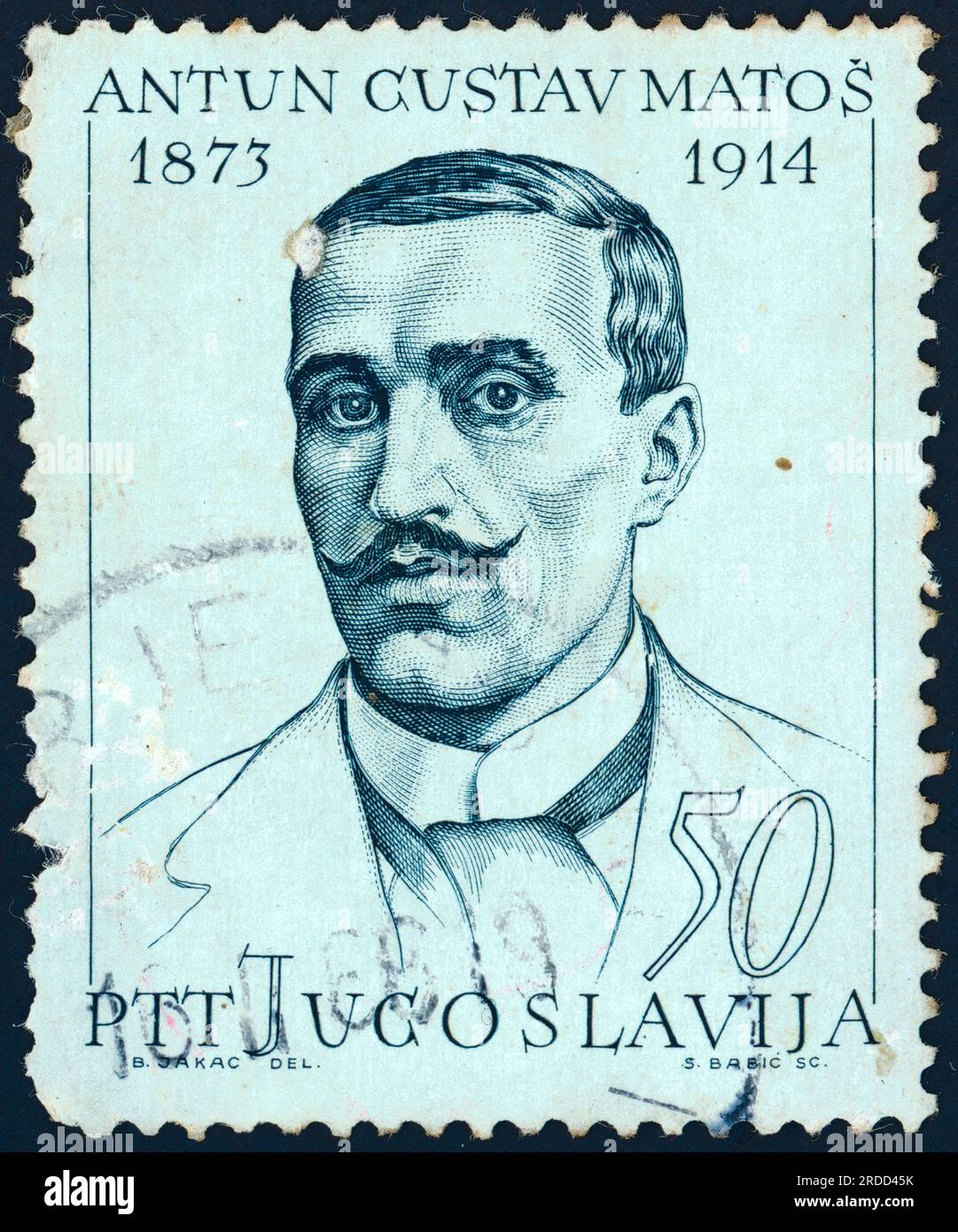 Antun Gustav Matoš (1873 – 1914). Postage stamp issued in Yugoslavia in 1965. Antun Gustav Matoš was a Croatian poet, short story writer, journalist, essayist and travelogue writer. He is considered the champion of Croatian modernist literature, opening Croatia to the currents of European modernism. Stock Photo