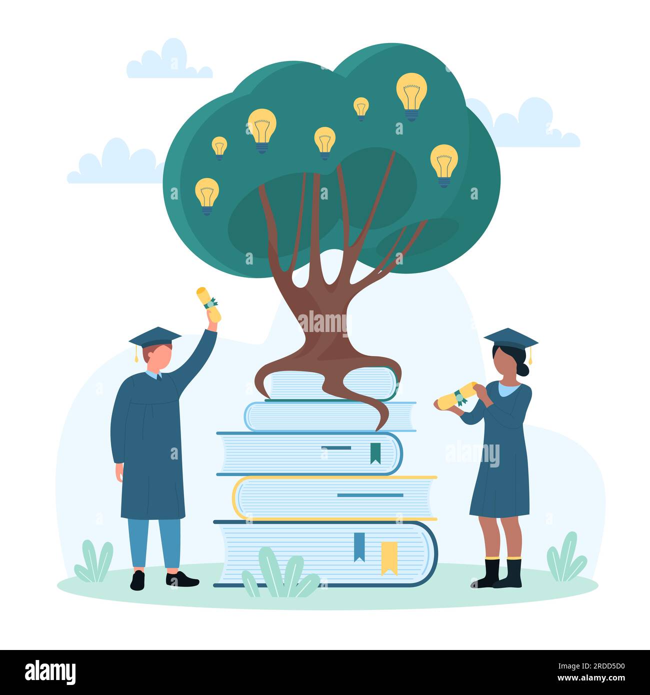 Graduation and growth of knowledge vector illustration. Cartoon tiny ...
