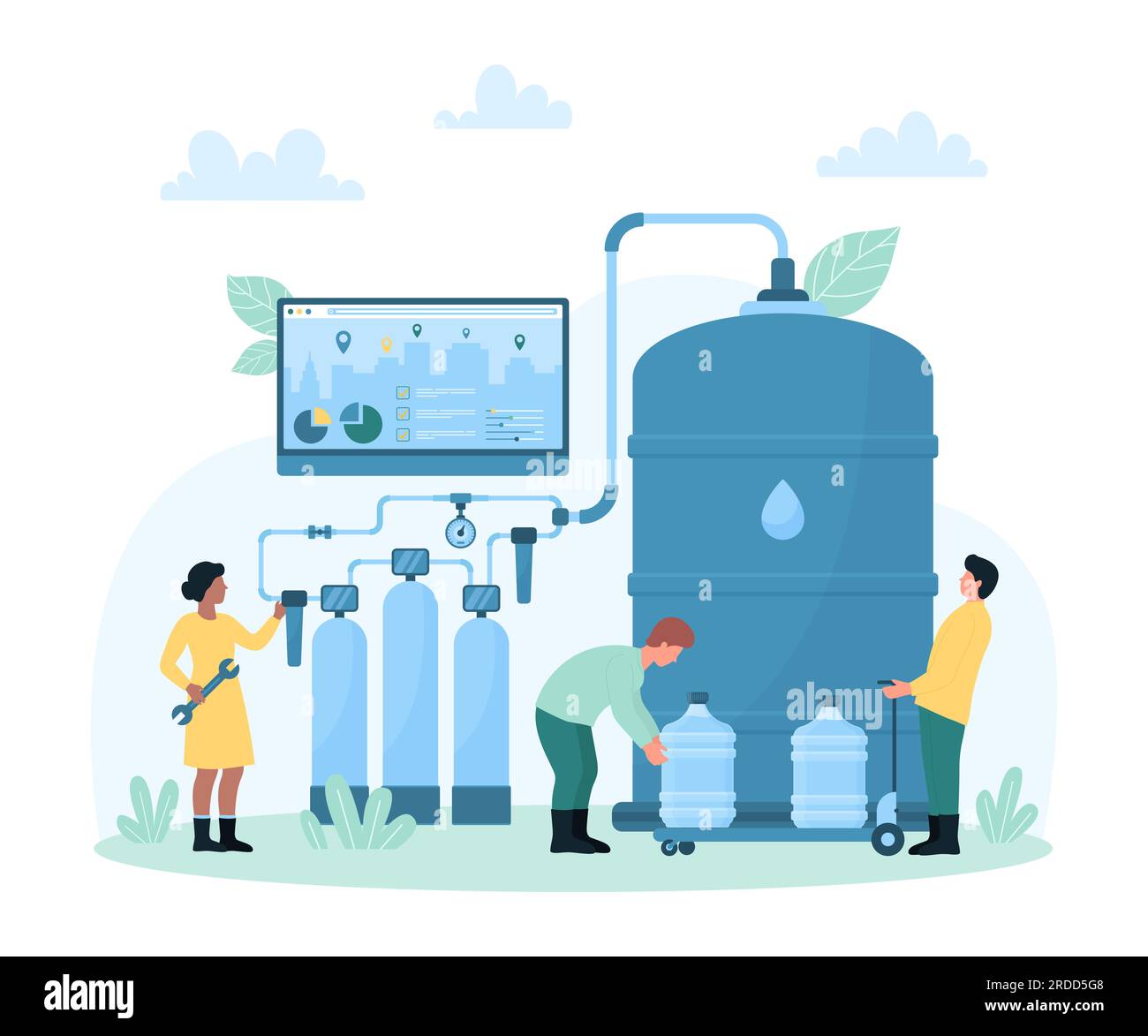 Purification, online distribution and clean water delivery vector illustration. Cartoon tiny couriers load gallons of drinking water after filtration at treatment plant, people carry plastic cooler Stock Vector