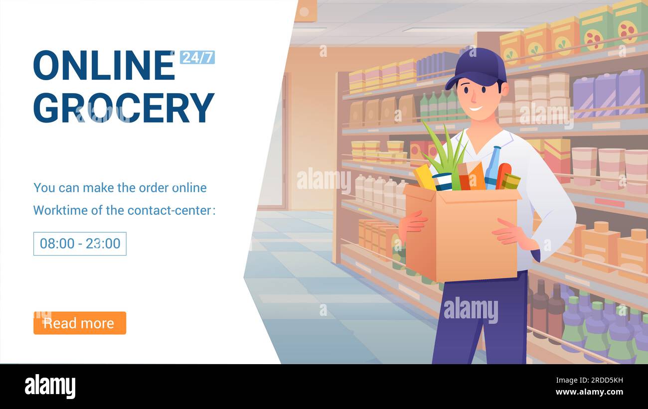 Online grocery store vector illustration. Cartoon supermarket warehouse worker, courier or