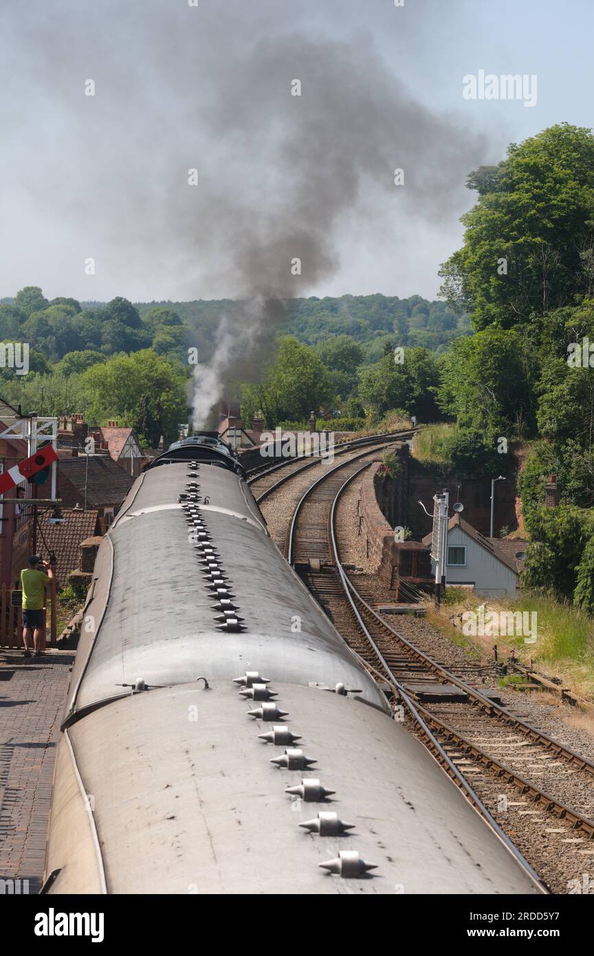 Roof of carriages hauled by 127 Taw Valley departs Bewdley on the Severn valley railway Stock Photo