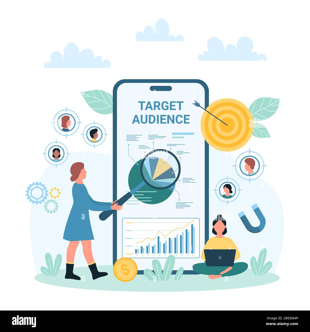 Target audience research vector illustration. Cartoon tiny people with magnifying glass consulting about customers outreach and focus group, digital targeting service in smartphone mobile app Stock Vector