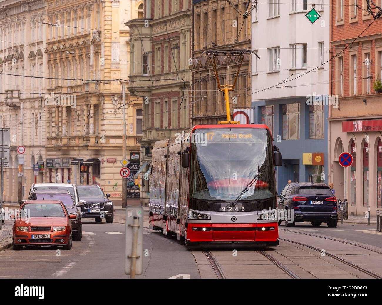 PRAGUE, CZECH REPUBLIC, EUROPE - Tram on street approaches Strossmayer Square. Stock Photo