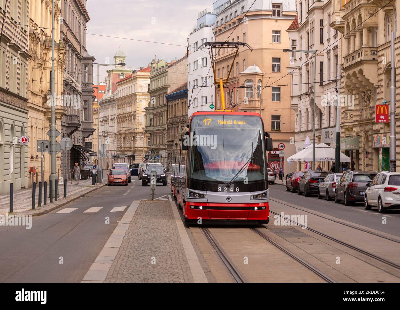 PRAGUE, CZECH REPUBLIC, EUROPE - Tram on street approaches Strossmayer Square. Stock Photo