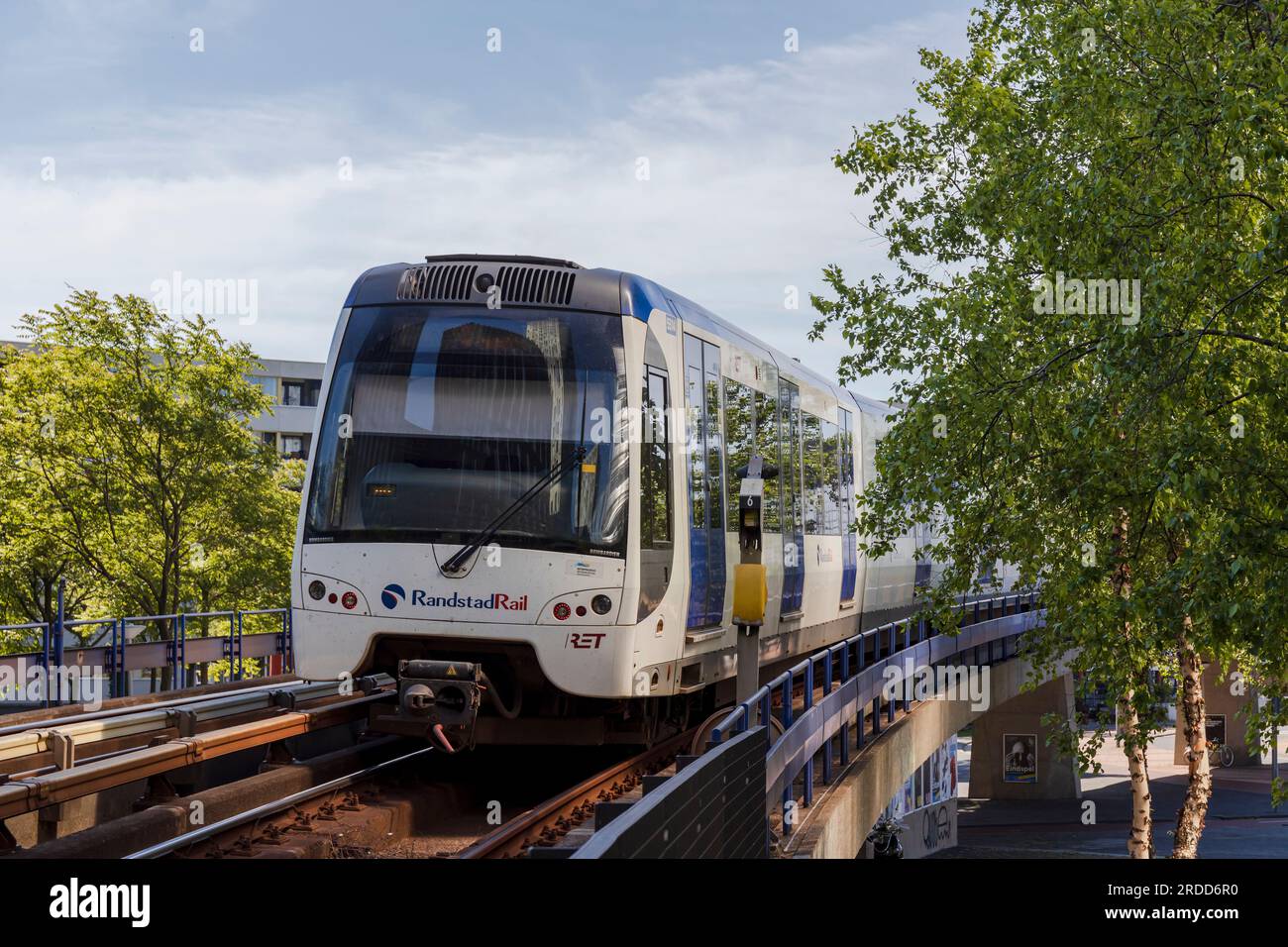 Rotterdam, the Netherlands - 2022-06-03: Rotterdam Randstadrail metro carriage driving on track Stock Photo