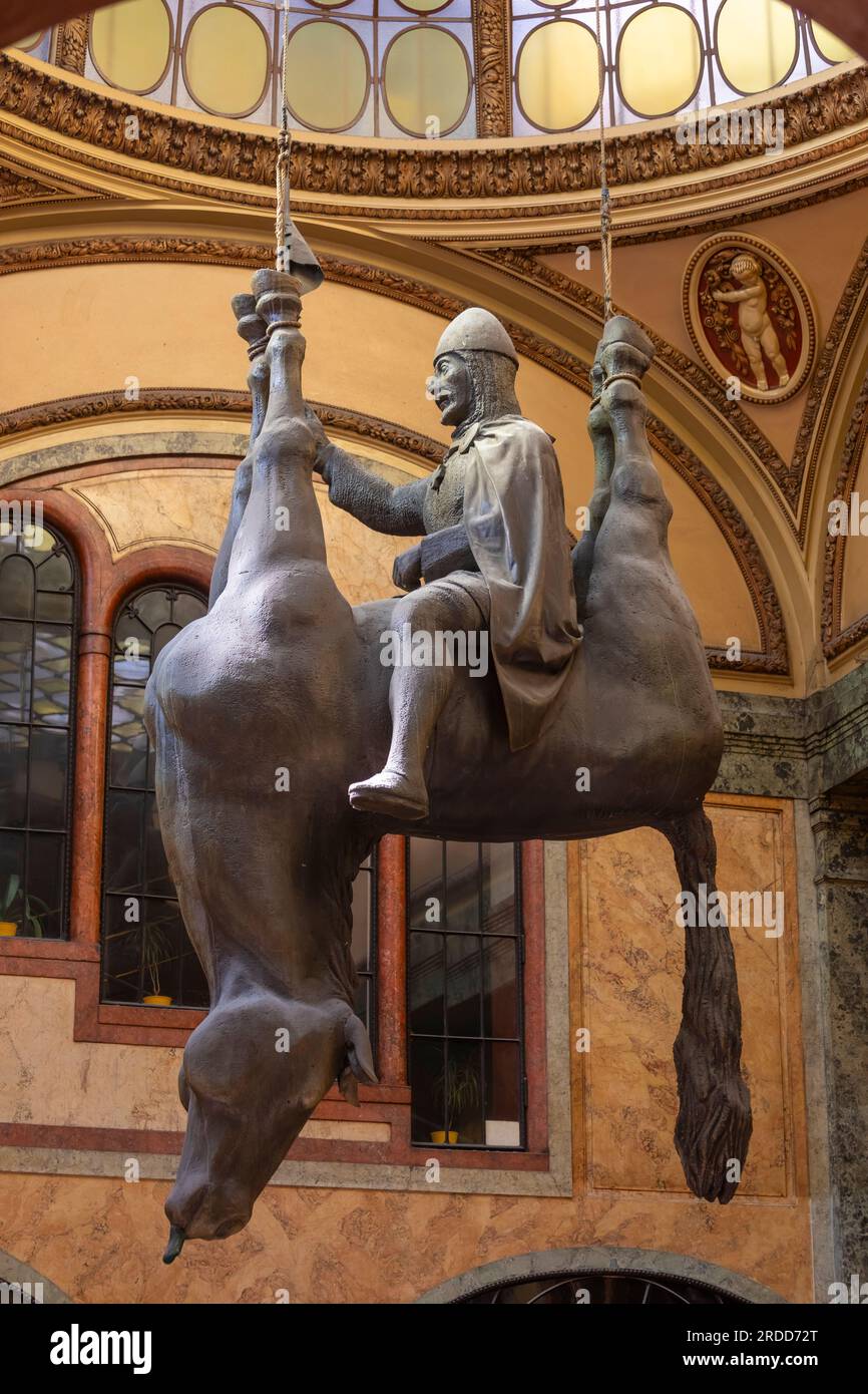 PRAGUE, CZECH REPUBLIC, EUROPE - Statue of King Wenceslas riding an upside down dead horse, in Art Nouveau Lucerna Palace. By artitst David Cerny. Stock Photo