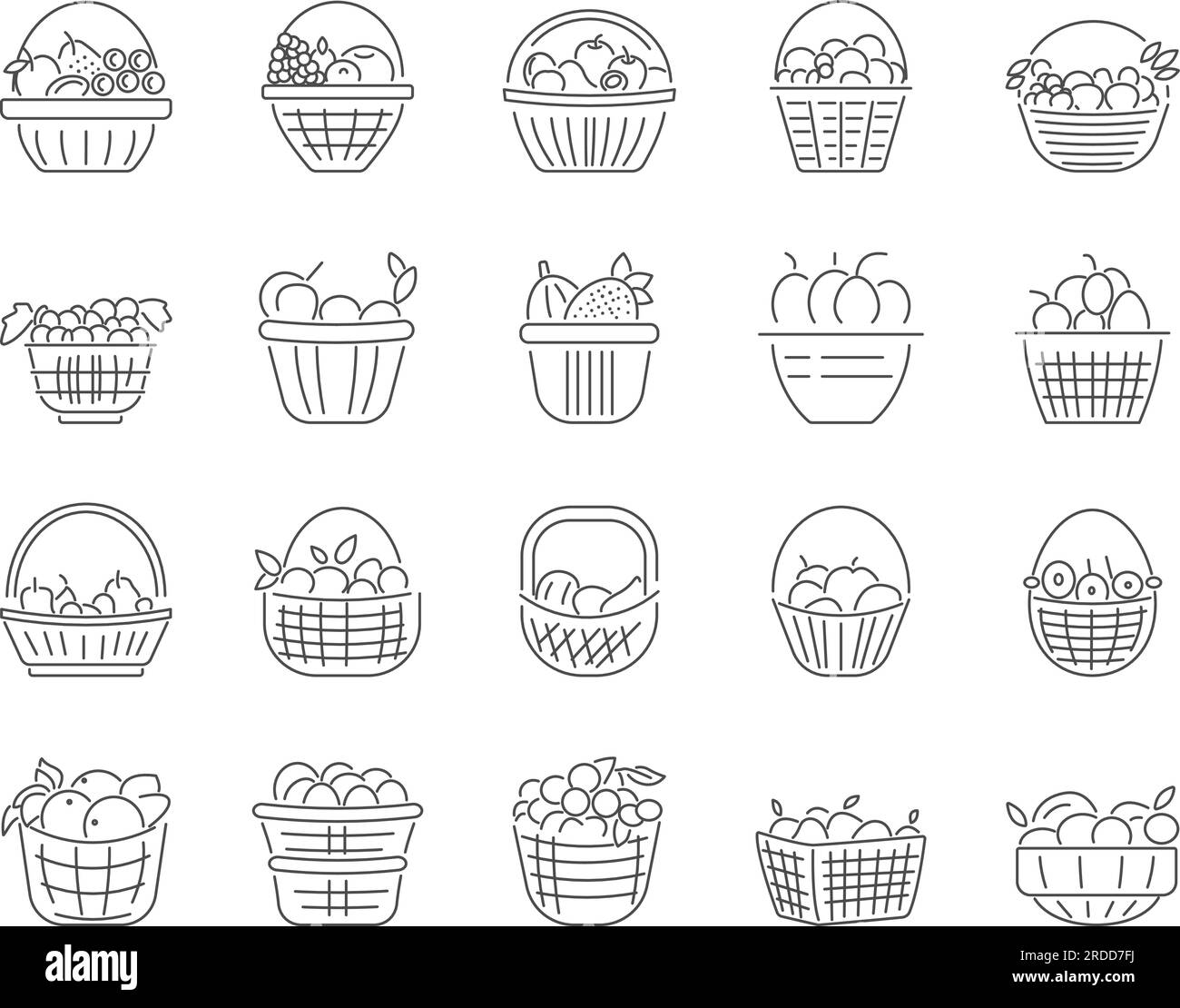 Basket of Fruits Icons Set. Apples, Oranges, Grapes, Pears. Editable Stroke. Simple Icons Vector Collection Stock Vector