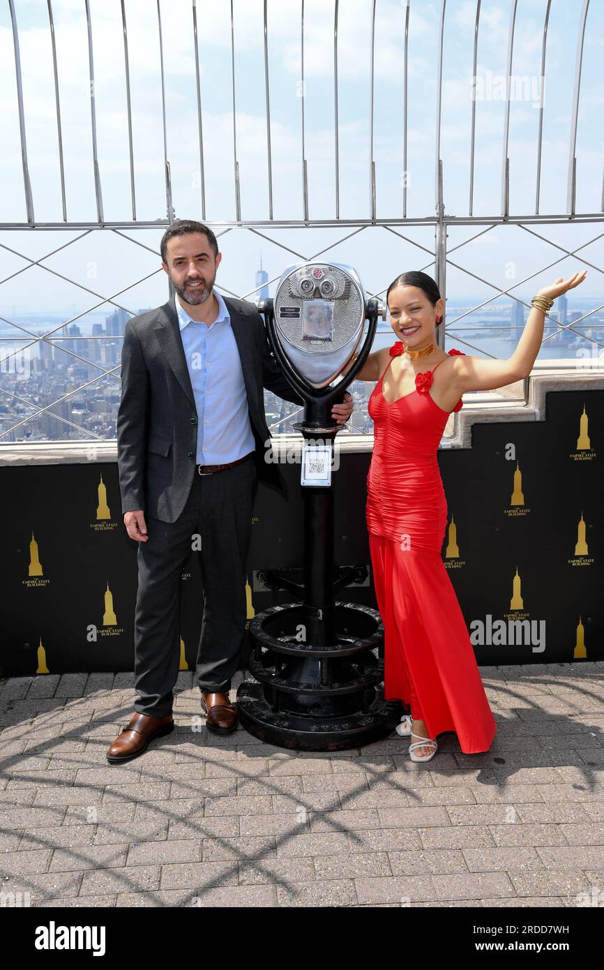 New York, USA. 20th July, 2023. Actress Natalia Reyes and Consul General of Colombia in New York Andrés Mejía Pizano visit the Empire State Building to celebrate Colombian Independence Day in New York, NY on July 20, 2023. (Photo by Efren Landaos/Sipa USA) Credit: Sipa USA/Alamy Live News Stock Photo