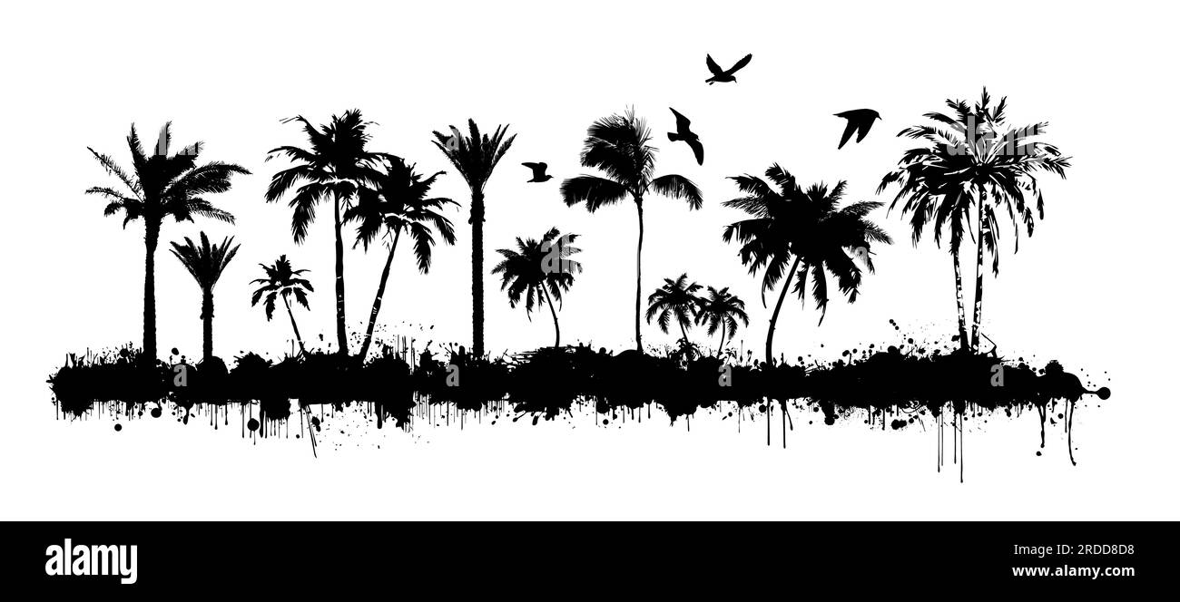 Palm trees silhouette. Coastline. Abstract monochrome blots. Vector illustration Stock Vector