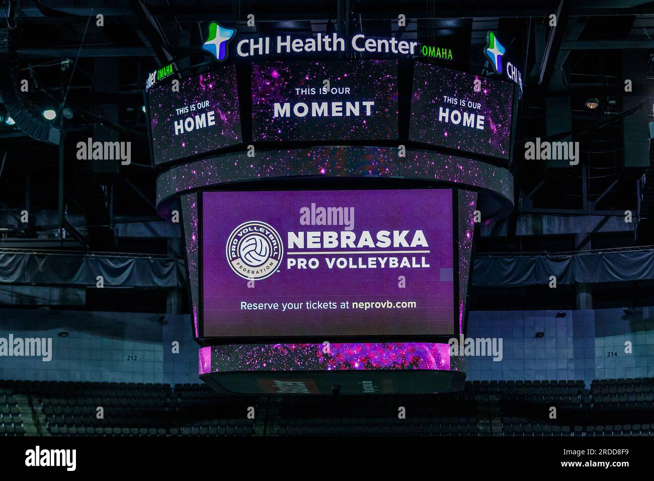 Omaha, United States Of America. 20th July, 2023. July 20, 2023 - Omaha, NE U.S. The overhead arena scoreboard displays the introduction of Nebraska Pro Volleyball during a Professional Women's Volleyball press conference held at the CHI Health Center in Omaha, NE.Michael Spomer/Cal Sport Media/Sipa USA (Credit Image: © Michael Spomer/Cal Sport Media/Sipa USA) Credit: Sipa US/Alamy Live News Stock Photo