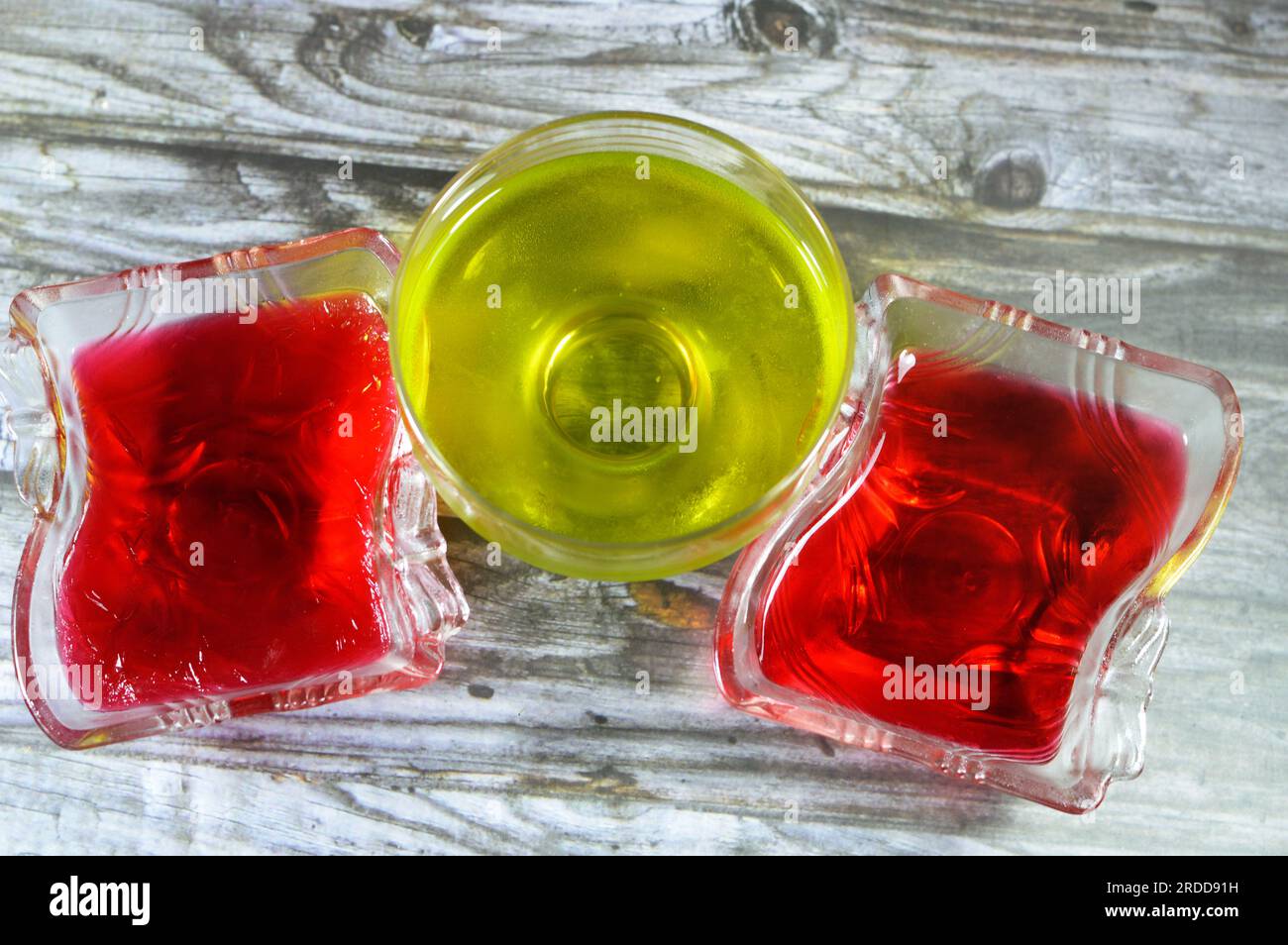 Delicious sweet green and red jelly pudding pineapple and strawberry