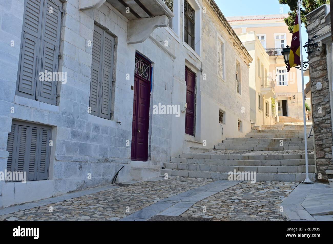 Steps from port town of Ermoupoli, Syros Island, Greece Stock Photo
