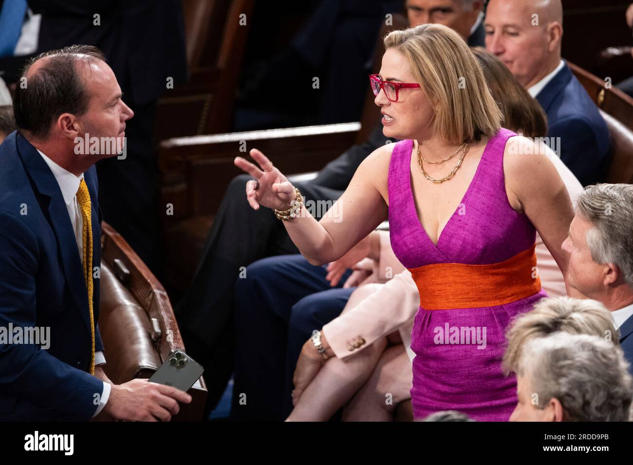 Sen. Kyrsten Sinema (I-Ariz.) speaks with Sen. Mike Lee (R-Utah) during a joint session of Congress in the House chamber at the U.S. Capitol July 19, 2023. (Francis Chung/POLITICO via AP Images) Stock Photo