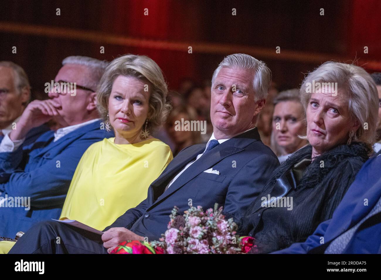 Belgian Prince Laurent (L) is pictured with Princess Claire (R) and her  daughter Princess Louise on the podium during the military parade on the  occasion of Belgium?s National Day in Brussels, Belgium