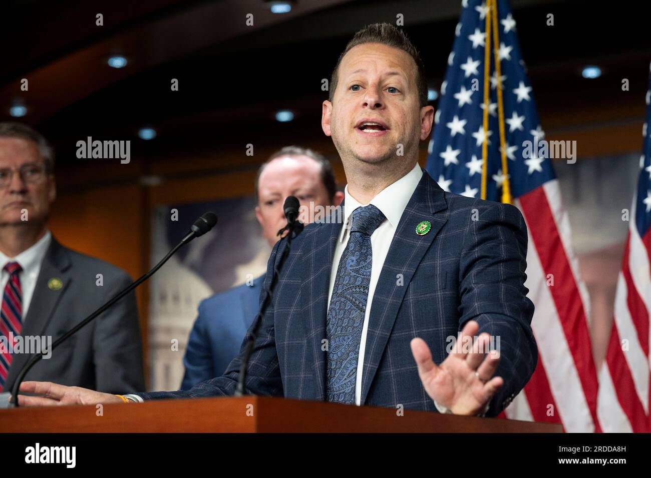 July 20, 2023, Washington, District of Columbia, USA: U.S. Representative JARED MOSKOWITZ (D-FL) speaking at press conference to announce a hearing on Unidentified Aerial Phenomena (UAP) at the U.S. Capitol. (Credit Image: © Michael Brochstein/ZUMA Press Wire) EDITORIAL USAGE ONLY! Not for Commercial USAGE! Stock Photo