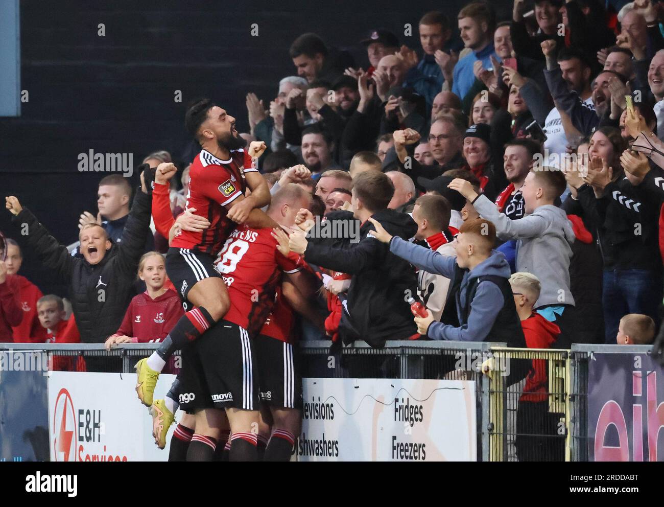 Seaview Stadium, Belfast, Northern Ireland, UK. 20 Jul 2023. UEFA Europa Conference League Qualifying Round One (second leg) – Crusaders v Haka. Action from tonight's game at Seaview.(Crusaders in red). Paul Heatley (22) fires Crusaders ahead 1-0..Credit: CAZIMB/Alamy Live News. Stock Photo