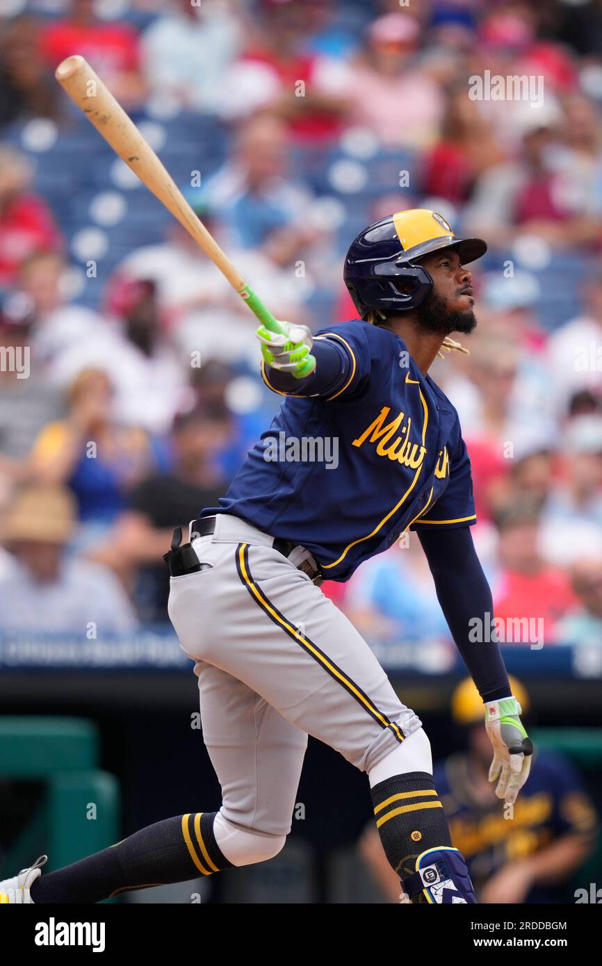 Milwaukee Brewers' Raimel Tapia plays during a baseball game, Tuesday, July  18, 2023, in Philadelphia. (AP Photo/Matt Slocum Stock Photo - Alamy