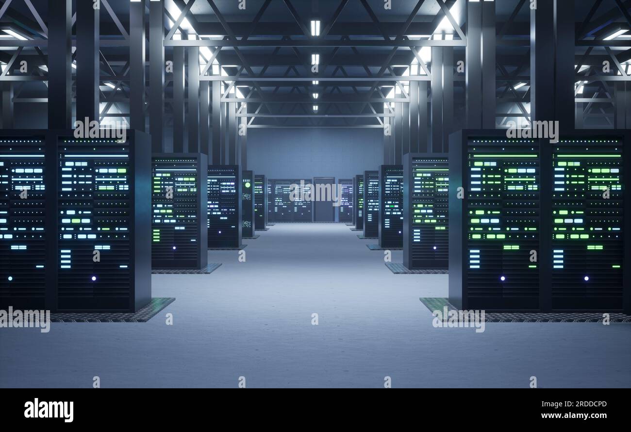 Operational server clusters in computer network security data storage facility. Mainframes providing processing power and memory resources for tedious workloads, 3D render animation Stock Photo