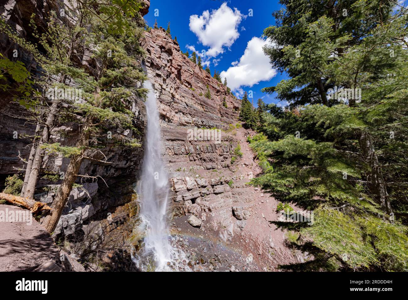 Sunny view of the Cascade Falls landscape in Ouray at Colorado Stock Photo