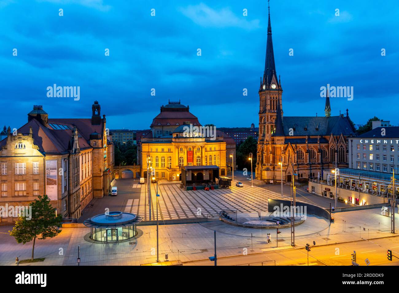 Theatre Square with the Opera House Chemnitz, on the right the Art Collections Chemnitz Saxony in the King Albert Museum, St. Petri Church, on the rig Stock Photo
