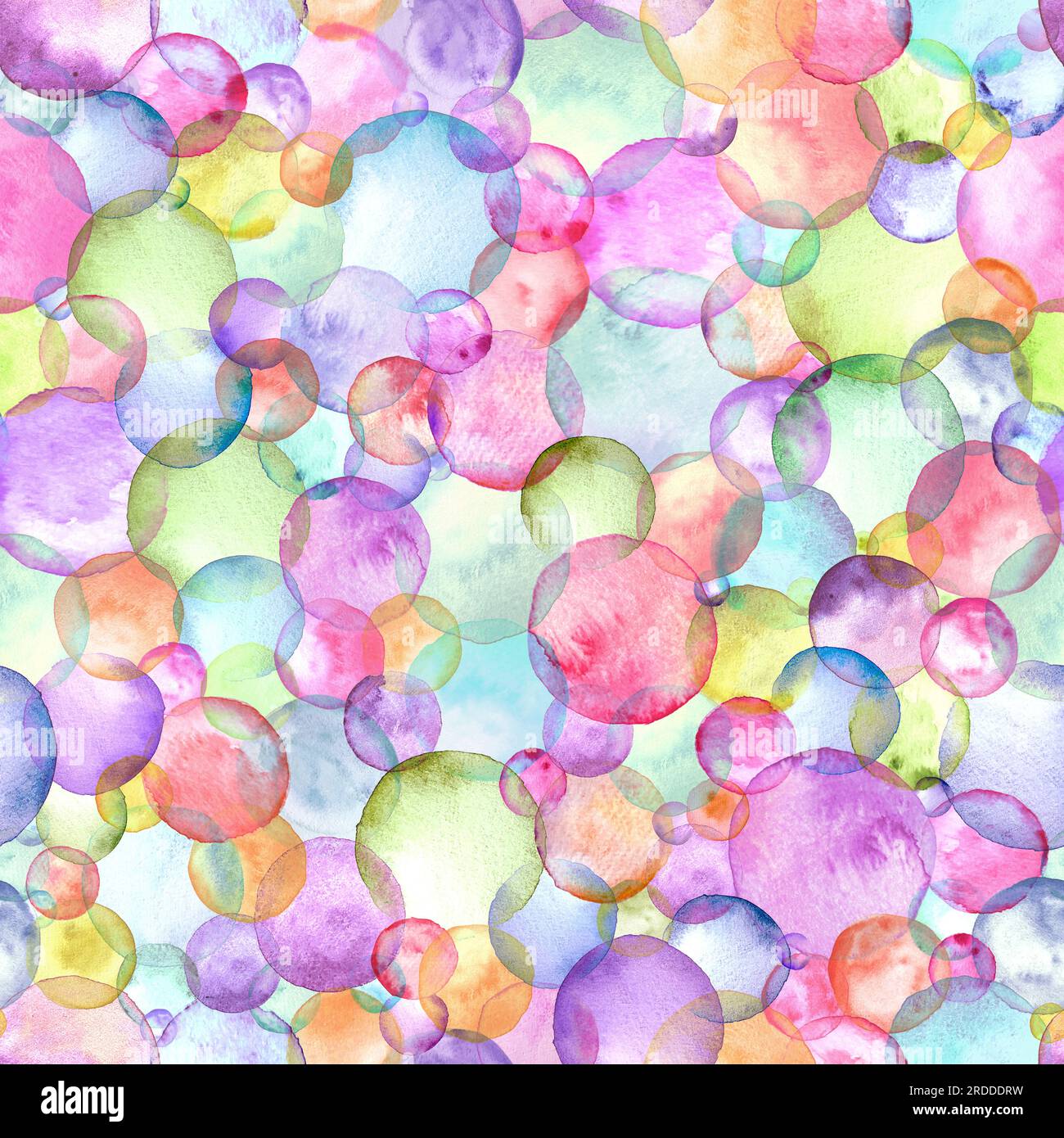 Abstract watercolor bubbles birthday party background. Hand drawn multicolor geometric shapes circles seamless pattern. Watercolour texture. Print for Stock Photo
