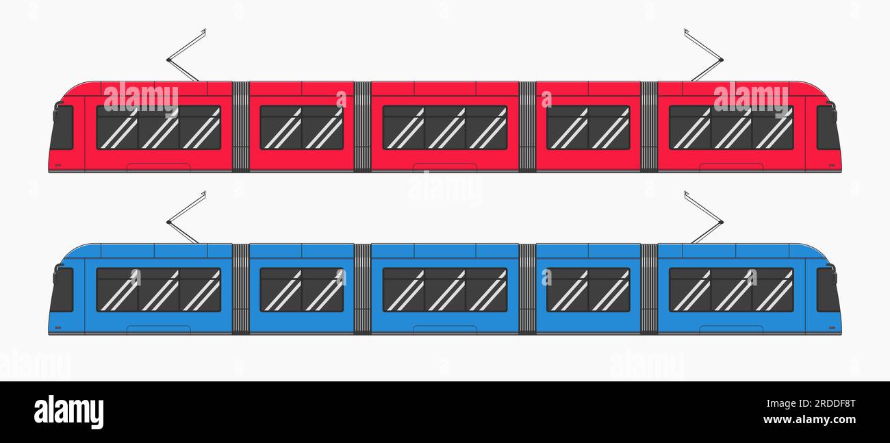 blue and red modern tram way train car side view vector flat