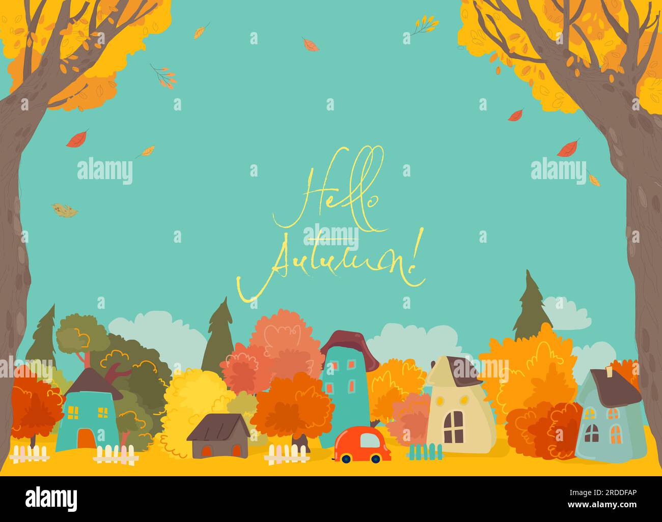 Cute Cartoon Colorful Houses with Autumn Trees Stock Vector Image & Art ...