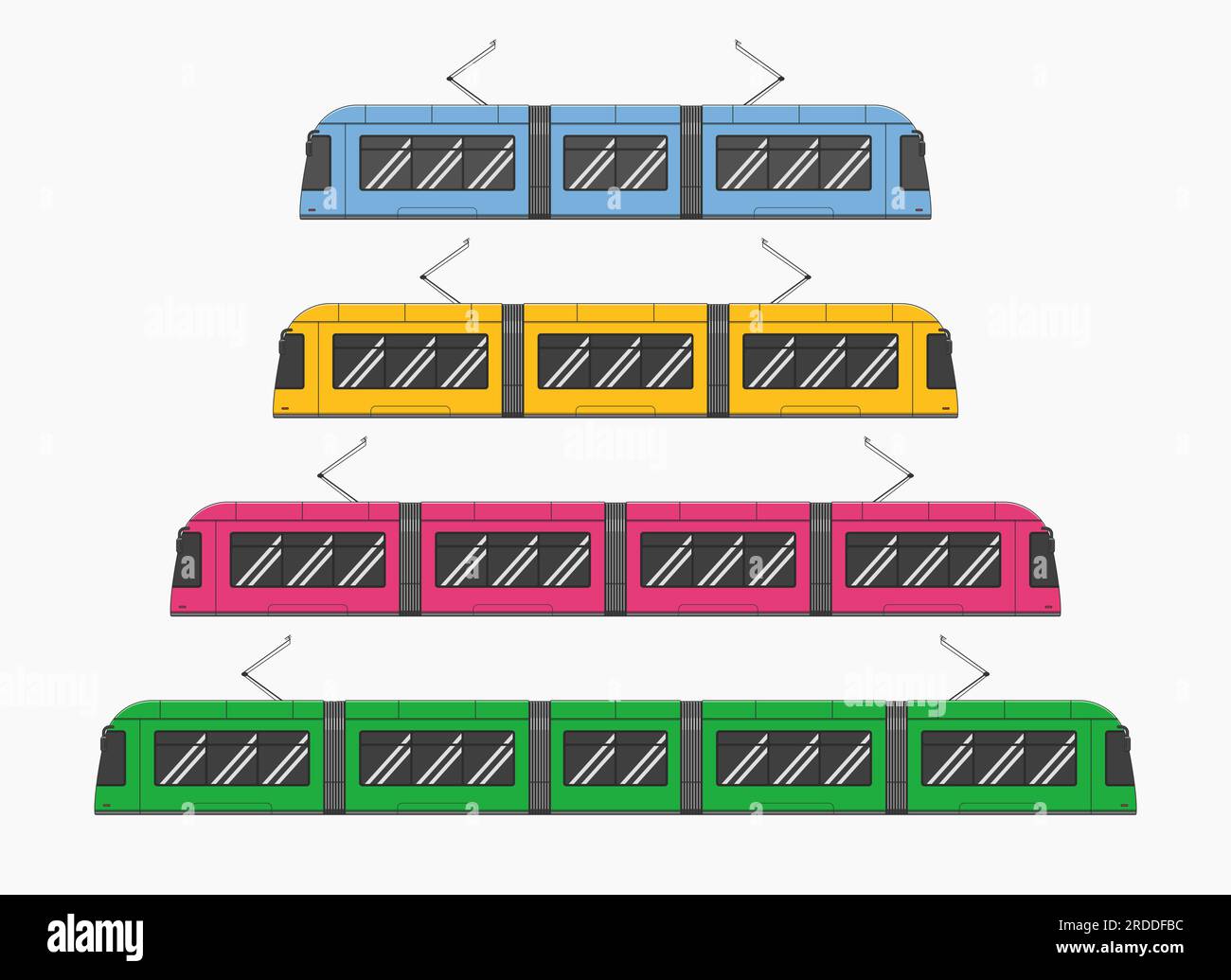 modern long tram way train car set side view vector flat illustration Stock Vector