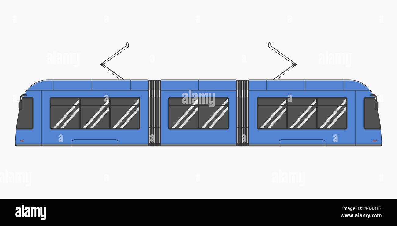 blue modern tram way train side view vector flat illustration Stock Vector