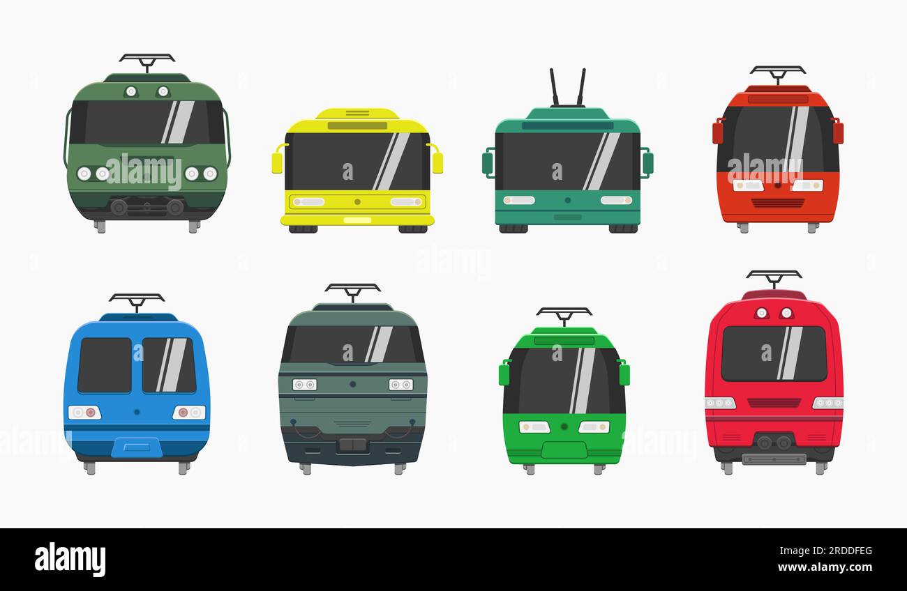 public transport train locomotive bus front view icons vector illustration Stock Vector