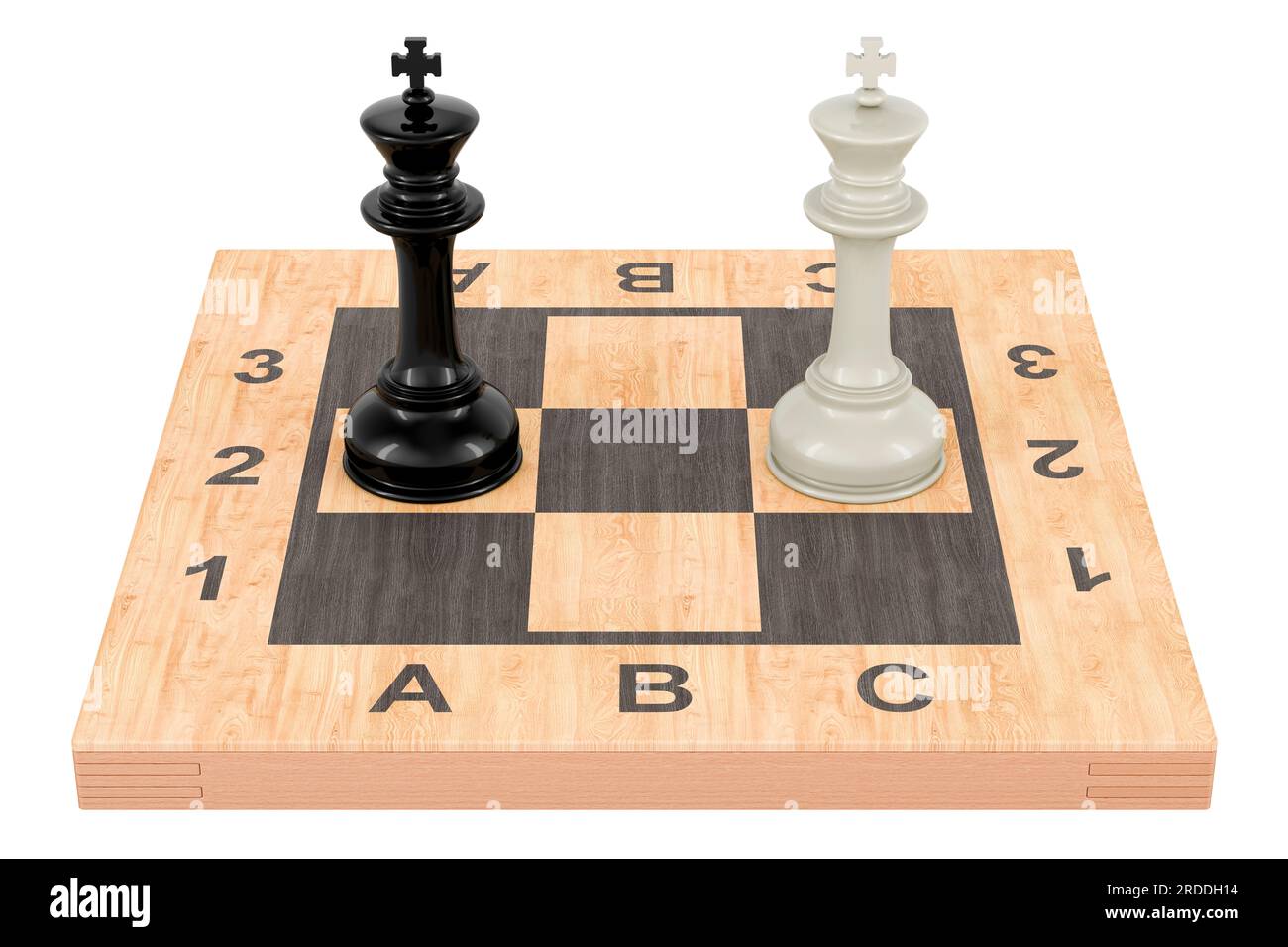 Checkerboard with kings, confrontation concept. 3D rendering isolated on white background Stock Photo