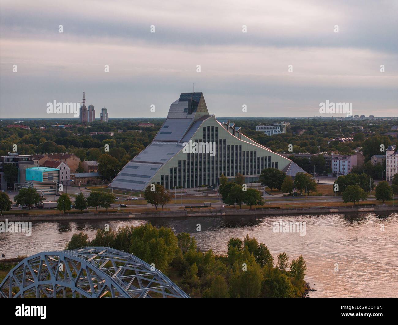 Aerial view of the Latvian National library at sunset. Stock Photo