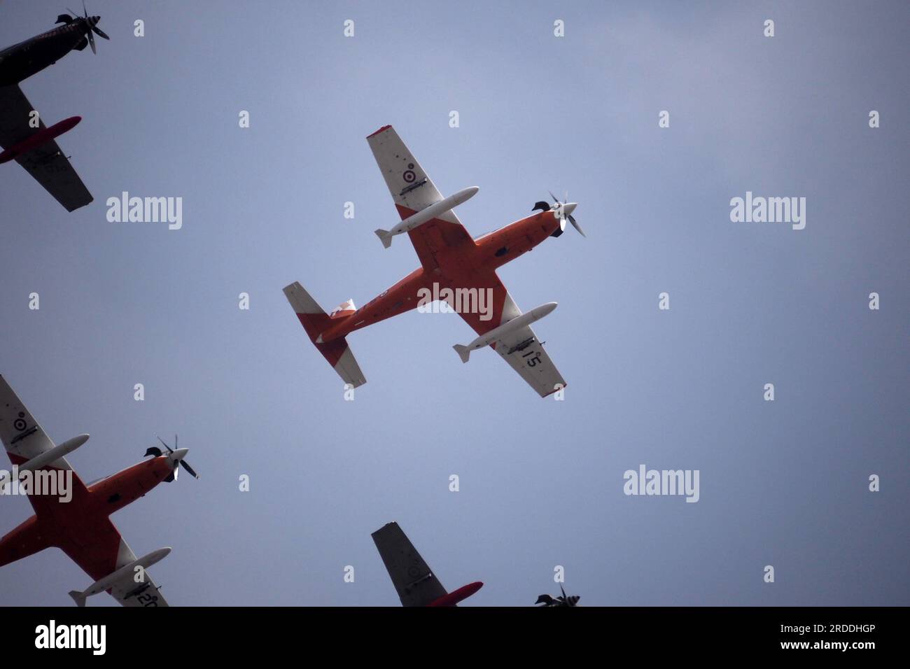 Korean KAI KT-1 Woongbi aircraft of the Peruvian Air Force fly over the sky of Lima rehearsing for the upcoming Peruvian Independence Day military parade that will take place on July 29th Stock Photo
