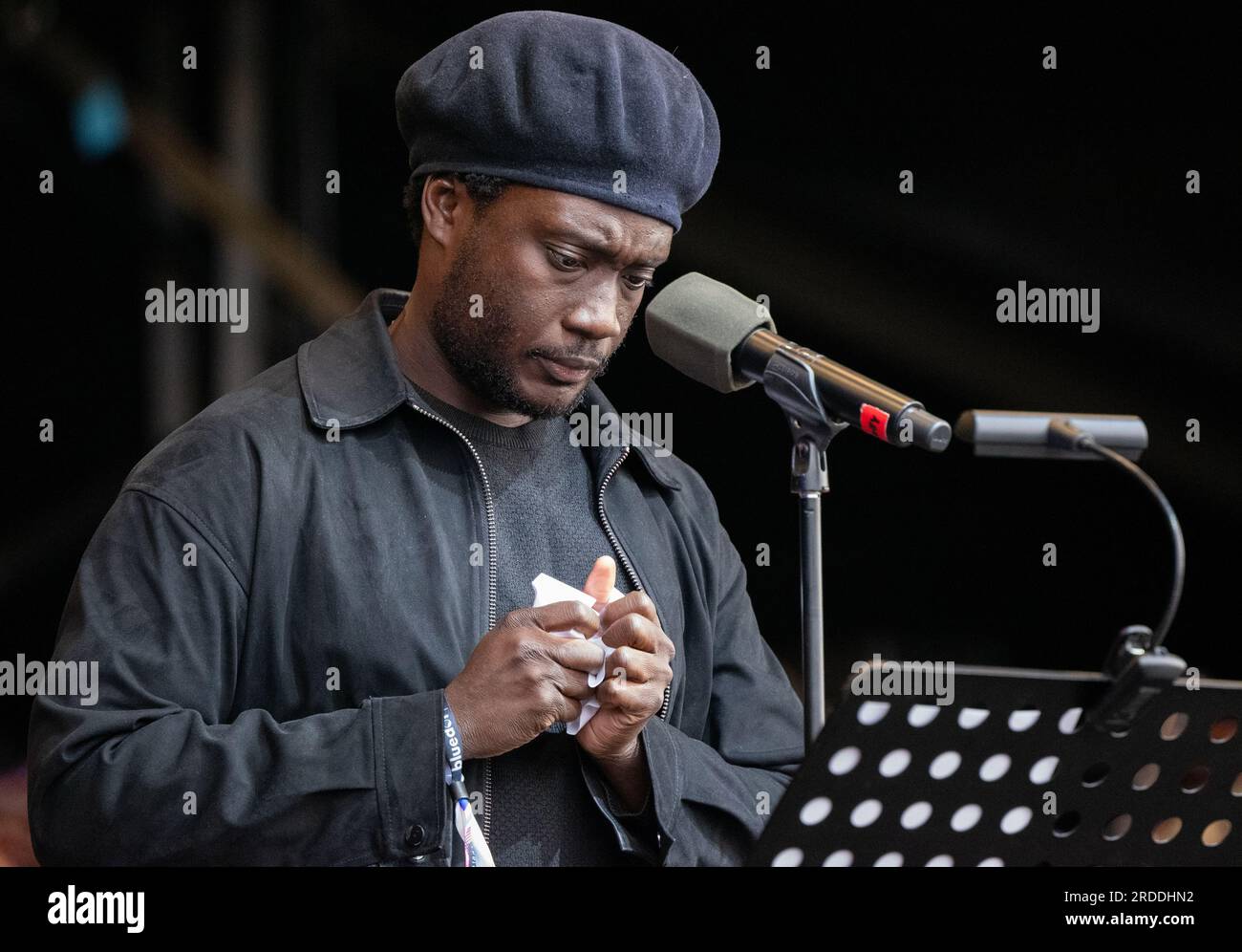 Cheshire. UK, 20/07/2023, Coby Sey at Bluedot festival opening today thursday 20th July 2023. The RTM rail strike has hampered festival goers from arriving for the opening acts this evening when Tilda Swinton will guest appearance with Max Richter and the BBC concert Orchestra. Jodrell Bank, Cheshire , UK. Picture: garyroberts/worldwidefeatures.com Stock Photo