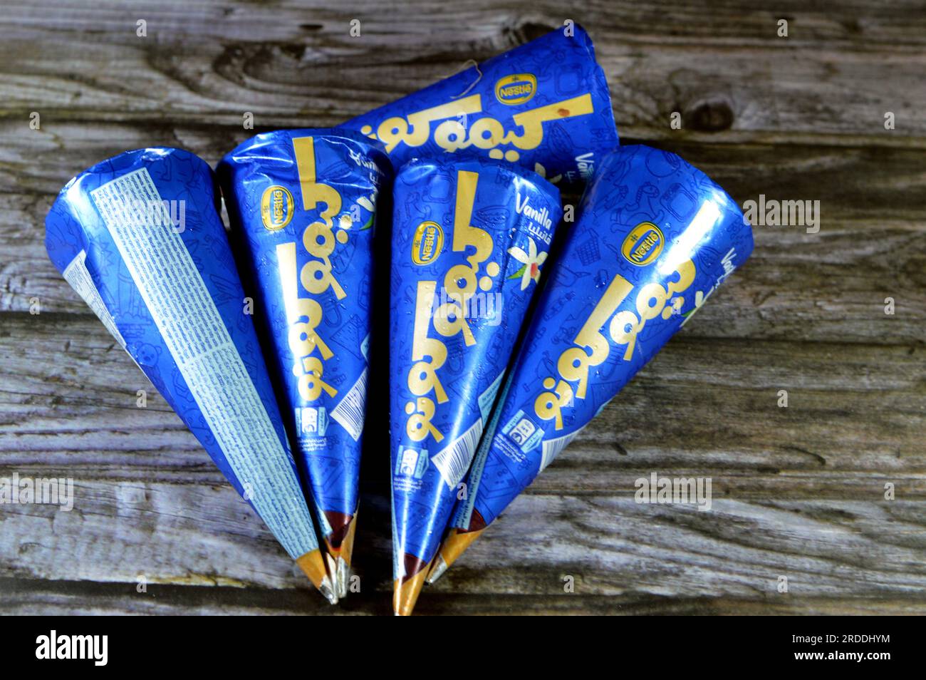 Cairo, Egypt, July 15 2023 Kimo Kono Nestle vanilla ice cream cone