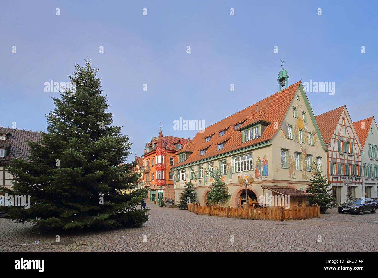 Historic town hall with mural and Christmas tree, Haslach, Kinzig Valley, Southern Black Forest, Black Forest, Baden-Württemberg, Germany Stock Photo