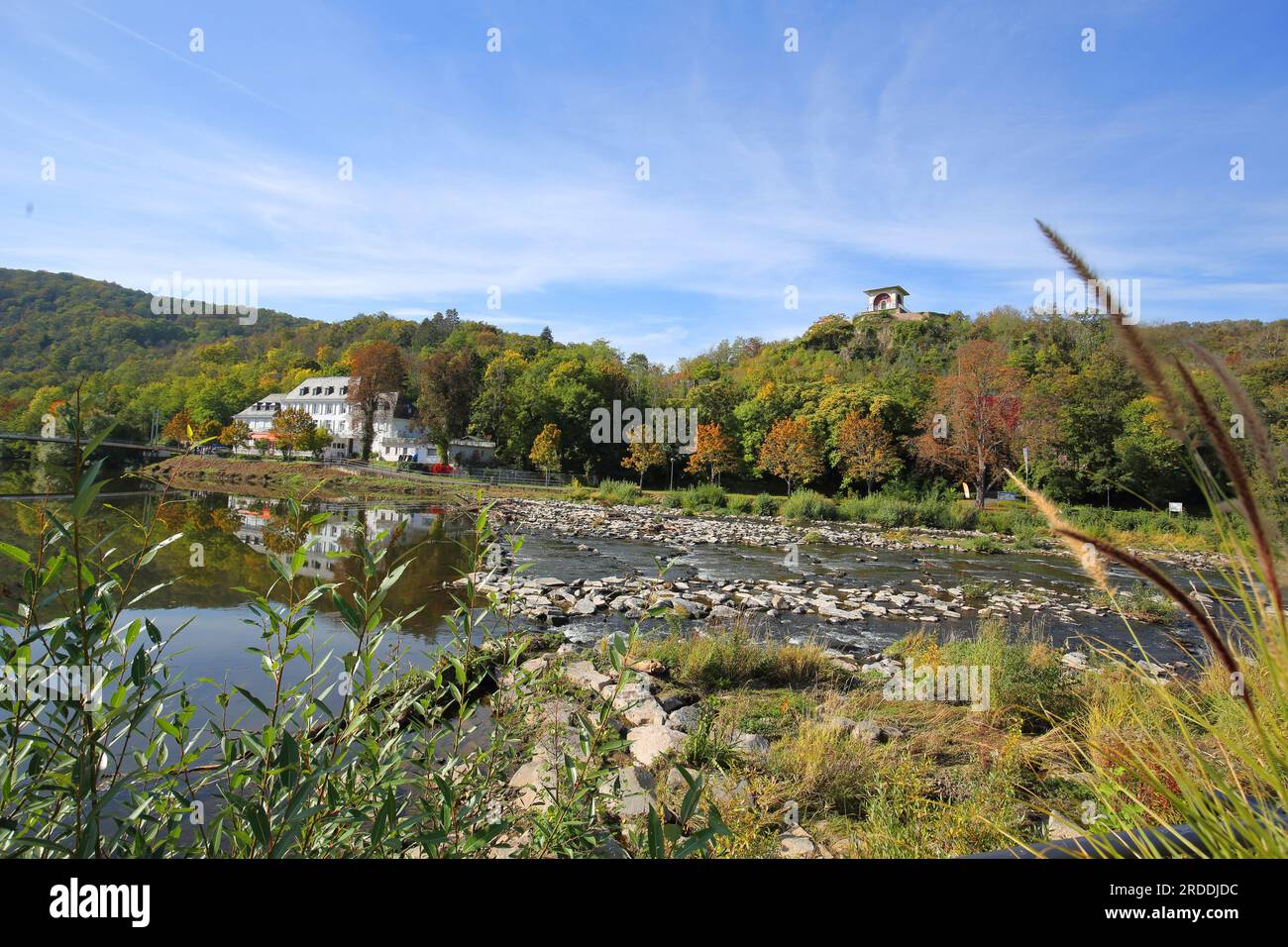 Kauzenberg with tea temple and landscape on the Nahe river in autumn, Bad Kreuznach, Rhineland-Palatinate, Germany Stock Photo