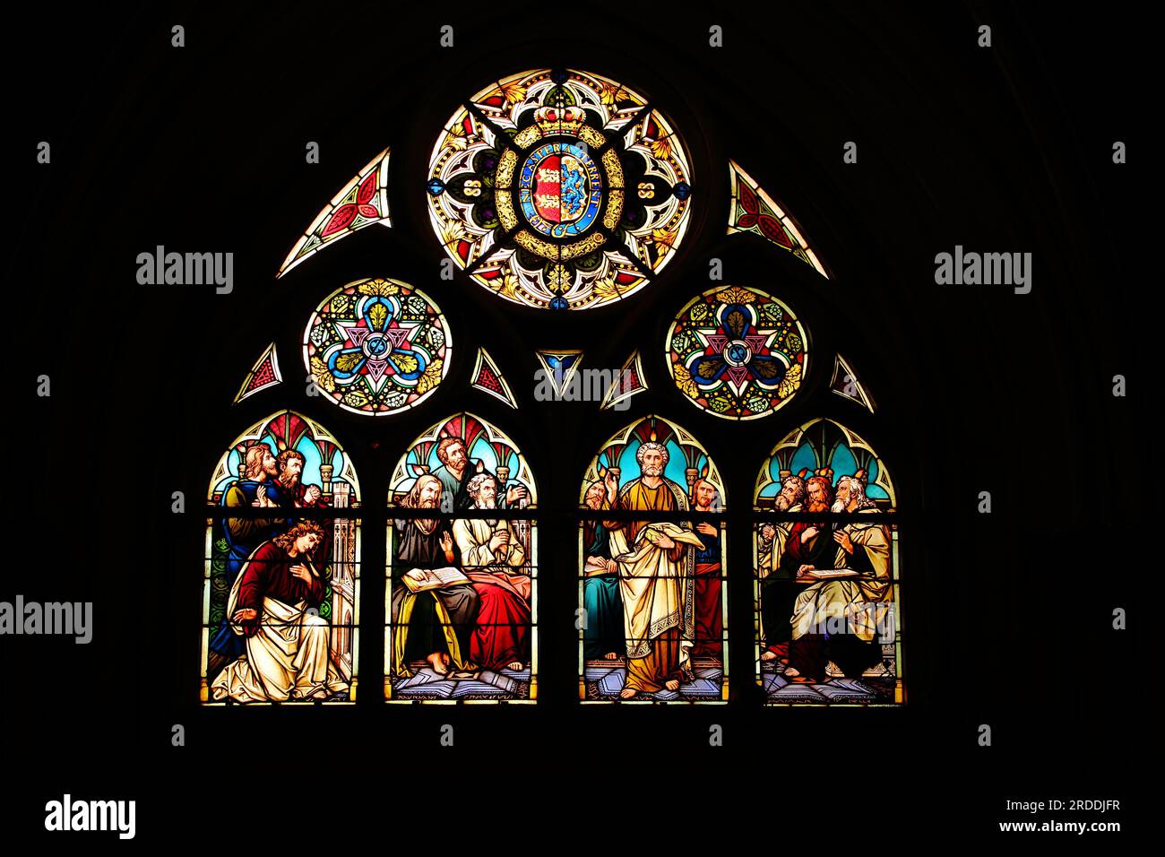 Church window with stained glass Outpouring of the Holy Spirit
