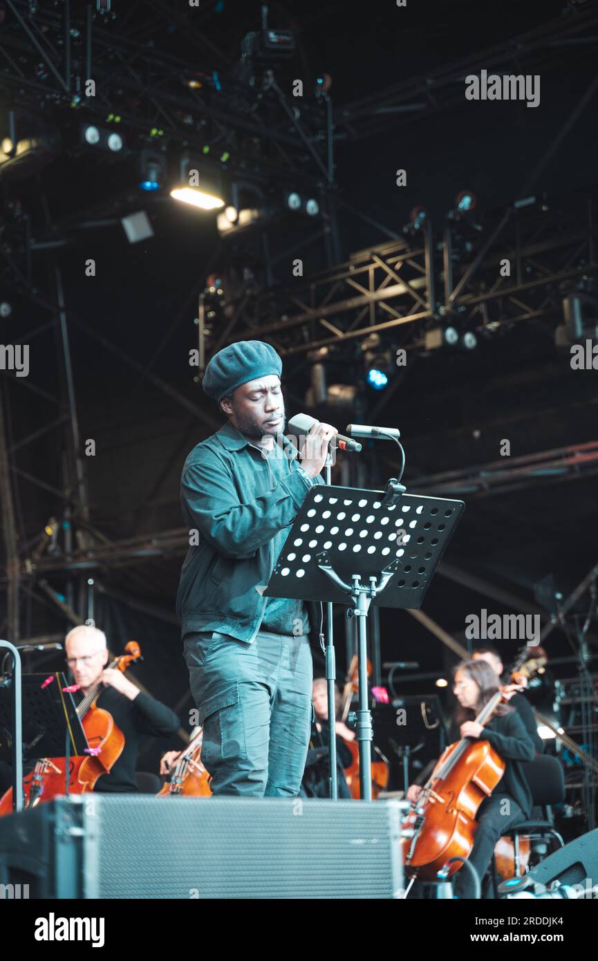 Coby Sey performed with the BBC Concert Orquestra at the Bluedot Festival 2023 on the 20th of July, 2023. Stock Photo
