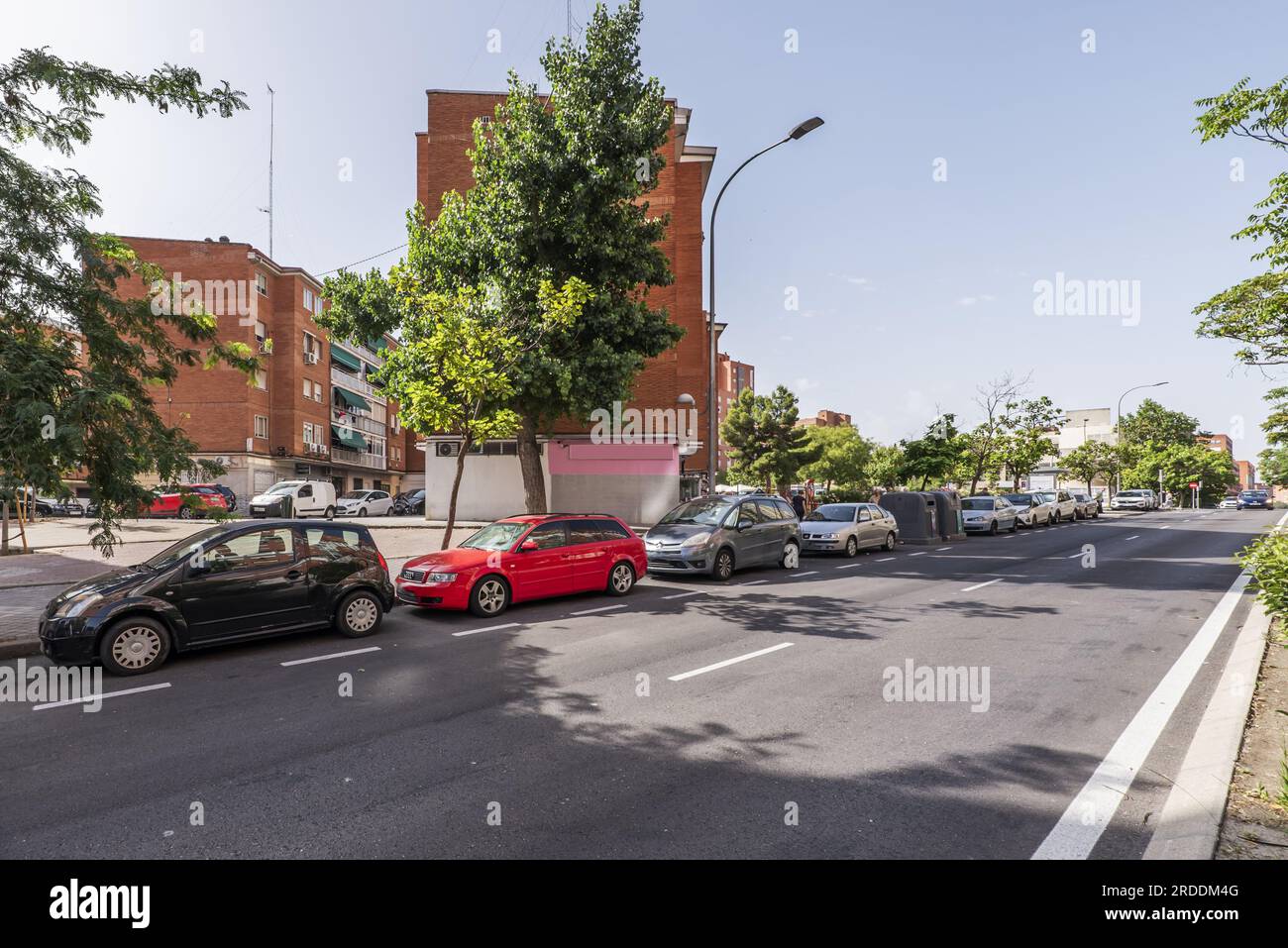 cars parked in a row on a city street with plenty of trees Stock Photo ...