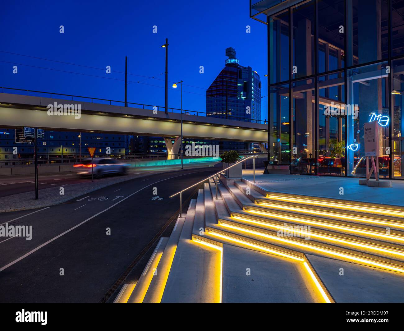 Gothenburg, Sweden, May 30, 2023: Illuminated staircase of the Scandic hotel, in the background the congress center in Gothenburg in the blue hour Stock Photo