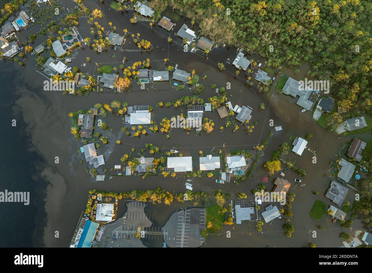 Aftermath of natural disaster. Flooded houses by hurricane Ian rainfall