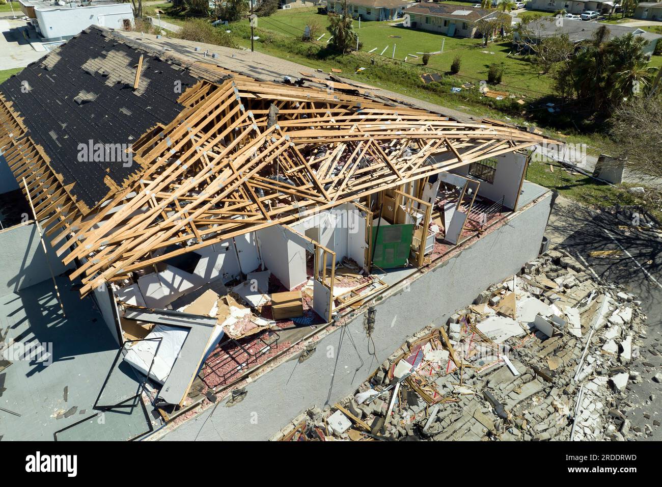 Hurricane Ian destroyed house roof and walls in Florida residential